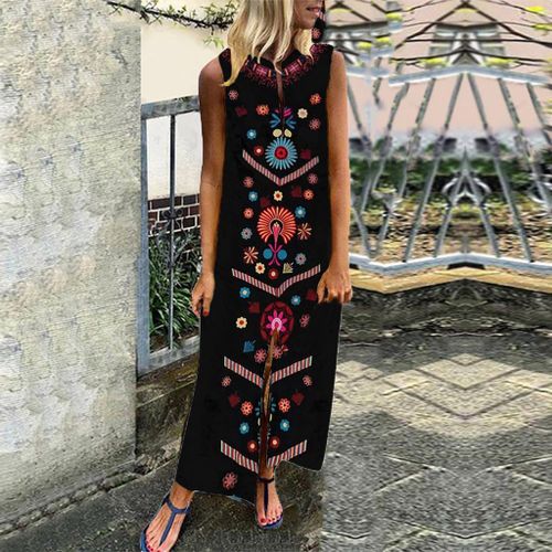 2020 European and American popular sleeveless midi skirt Amazon independent station hot selling casual fashion print dress black L