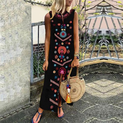2020 European and American popular sleeveless midi skirt Amazon independent station hot selling casual fashion print dress black L