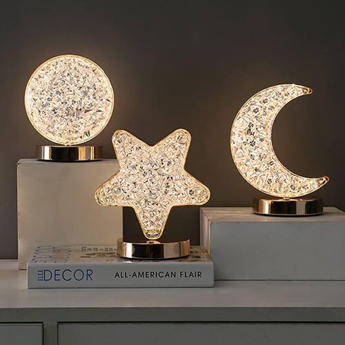WOMHOPE Bedside Table Lamp Cordless Rechargeable Battery Operated Long Touch Stepless Dimming 3 Color Modes Nursery Night Light Desktop Lamp Acrylic Crystal (Star Gold)