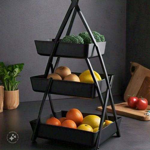 3-Tier Foldable Fruit Storage Rack - Black Steel