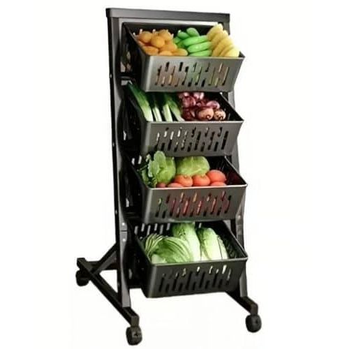 Kitchen Fruit Vegetable Storage Stackable Metal Wire Basket Stand 4 Tier Rolling Cart with 4 Detachable Cube Pantry Organizer Rack with Detachable Bin Metal Rack Stand for Organizing Utility Cart with Wheels- Multicolor