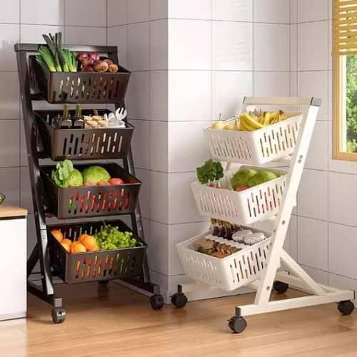 Kitchen Fruit Vegetable Storage Stackable Metal Wire Basket Stand 4 Tier Rolling Cart with 4 Detachable Cube Pantry Organizer Rack with Detachable Bin Metal Rack Stand for Organizing Utility Cart with Wheels- Multicolor