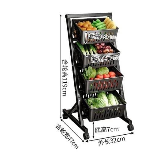 Kitchen Fruit Vegetable Storage Stackable Metal Wire Basket Stand 4 Tier Rolling Cart with 4 Detachable Cube Pantry Organizer Rack with Detachable Bin Metal Rack Stand for Organizing Utility Cart with Wheels- Multicolor