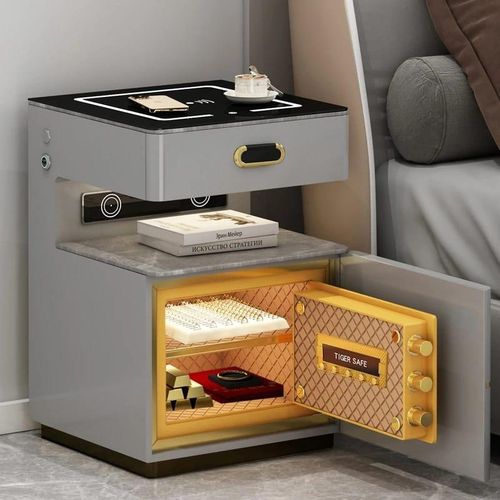 Safe Integrated Smart Rechargeable Rock Board Nightstand Safe Box With Key Fingerprint  Password Unlock Security Box With WIFI Wireless USB Type-C Charging Port, Bedside Table with 3-Color LED Light Bluetooth Speaker Lamp For Bedroom- Multicolor