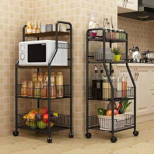 1 Piece Of 4-Tiers Kitchen Microwave Stand Storage Trolley Workstation Shelf/Tool Storage Shelf Microwave Rack/Multi-Function Kitchen Floor-Standing Rack/Baker Rack Kitchen Trolley/Space-saving Black