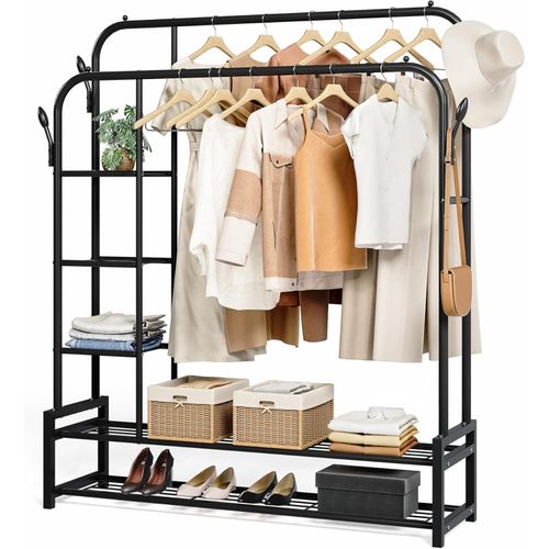Garment Rack,Double Rods Portable Clothes Rack for Hanging clothes, Space Saving Clothing Rack, Heavy Duty Freestanding Hanger with Bottom Shelves and 4 Hooks for Bedroom, 46 inch, Black