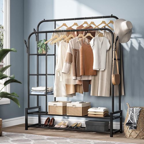 Garment Rack,Double Rods Portable Clothes Rack for Hanging clothes, Space Saving Clothing Rack, Heavy Duty Freestanding Hanger with Bottom Shelves and 4 Hooks for Bedroom, 46 inch, Black