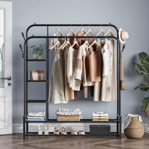 Garment Rack,Double Rods Portable Clothes Rack for Hanging clothes, Space Saving Clothing Rack, Heavy Duty Freestanding Hanger with Bottom Shelves and 4 Hooks for Bedroom, 46 inch, Black