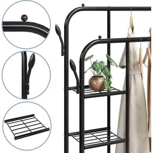 Garment Rack,Double Rods Portable Clothes Rack for Hanging clothes, Space Saving Clothing Rack, Heavy Duty Freestanding Hanger with Bottom Shelves and 4 Hooks for Bedroom, 46 inch, Black