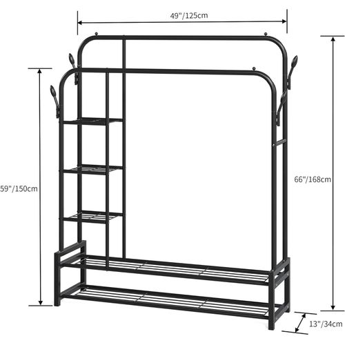 Garment Rack,Double Rods Portable Clothes Rack for Hanging clothes, Space Saving Clothing Rack, Heavy Duty Freestanding Hanger with Bottom Shelves and 4 Hooks for Bedroom, 46 inch, Black