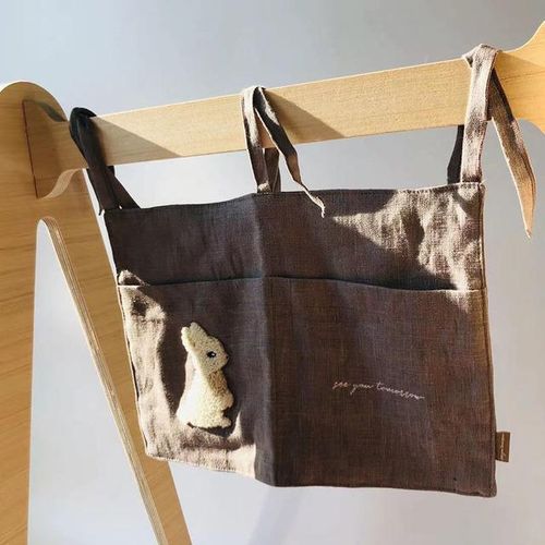 Bedside Storage Bag Embroidery Rabbit linen Baby Crib Organizer Hanging Bag for Baby Essentials Bed Hanging Diaper Toy Tissue