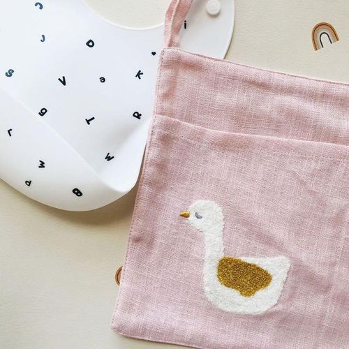 Bedside Storage Bag Embroidery Rabbit linen Baby Crib Organizer Hanging Bag for Baby Essentials Bed Hanging Diaper Toy Tissue