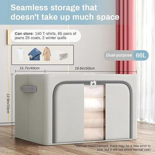 Wardrobe Organizer for Clothes, Large Cloth Organizer for Wardrobe Oxford Cloth 66L Stackable Wardrobe Storage Box with Zipper Door & Clear Window Dustproof, Foldable Cloth Storage Box