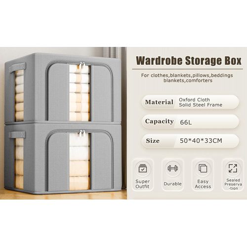 Wardrobe Organizer for Clothes, Large Cloth Organizer for Wardrobe Oxford Cloth 66L Stackable Wardrobe Storage Box with Zipper Door & Clear Window Dustproof, Foldable Cloth Storage Box