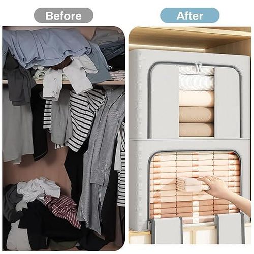 Wardrobe Organizer for Clothes, Large Cloth Organizer for Wardrobe Oxford Cloth 66L Stackable Wardrobe Storage Box with Zipper Door & Clear Window Dustproof, Foldable Cloth Storage Box