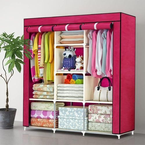 3 Column Cloth Frame Portable Wardrobe - Maroon