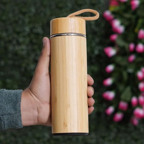 Brandable Bamboo Wood Travel Flask - Brown
