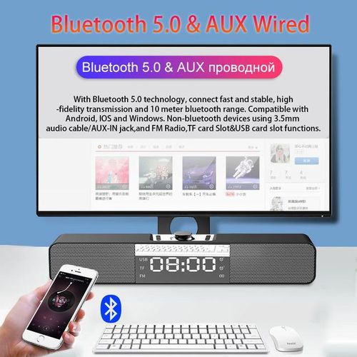 Led Soundbar Tv Bluetooth Speaker Portable Wireless Speakers Usb Clock Powerful High Boombox Bass Sound Bar Aux Hifi Tf Fm Radio