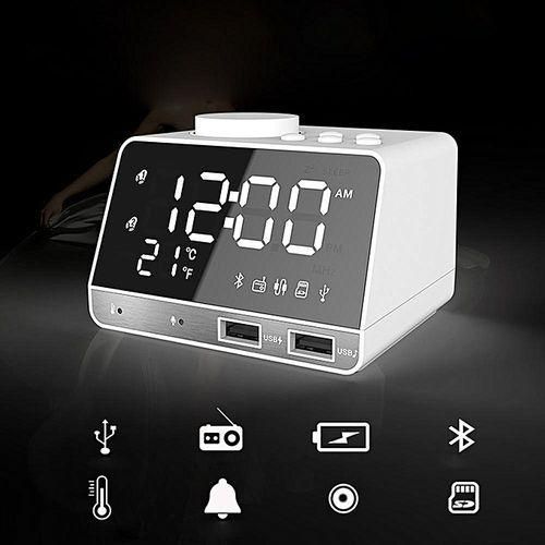 Digital Alarm Clock Bluetooth Speaker FM Radio Dual USB Ports LED Display Indoor Thermometer HT-S