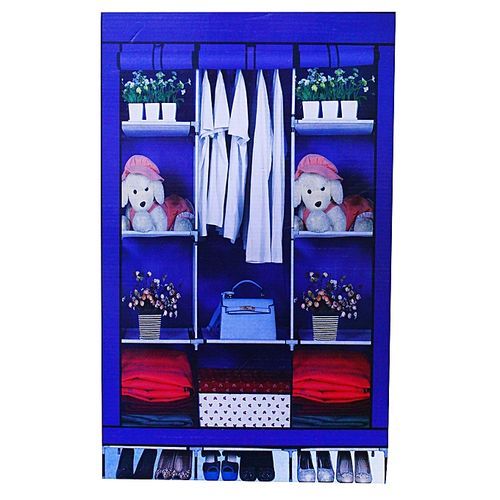 3 Column Cloth & Wooden Wardrobe, Blue - Not Assembled