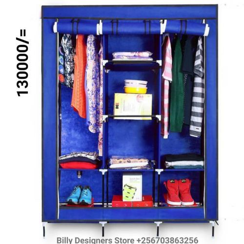 3 Column Cloth & Wooden Wardrobe, Blue - Not Assembled