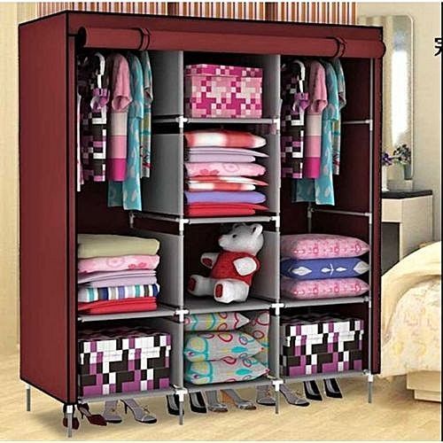 3 Column Cloth  Frame Portable Wardrobe - Maroon