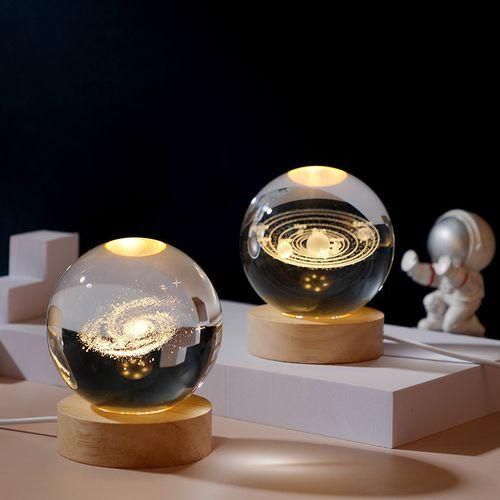 Wooden Round Luminous Base Crystal Ball Galaxy Solar System