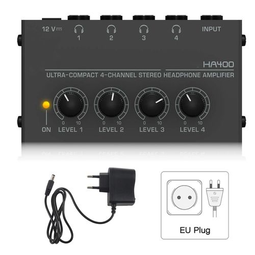 Mini Headphone Amplifier HA400 4 Channels Ultra-Compact Stereo Audio Amplifier With Power Adapter 10MHz Earphone Amp for Music