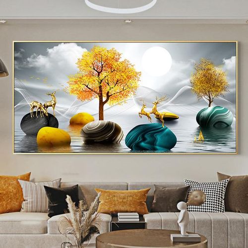 Diamond Painting Chinese Feng Shui Golden Rich Tree Canvas Painting Wall Art Deer Landscape Lucky Stone For Living Room Decor