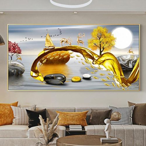 Diamond Painting Chinese Feng Shui Golden Rich Tree Canvas Painting Wall Art Deer Landscape Lucky Stone For Living Room Decor