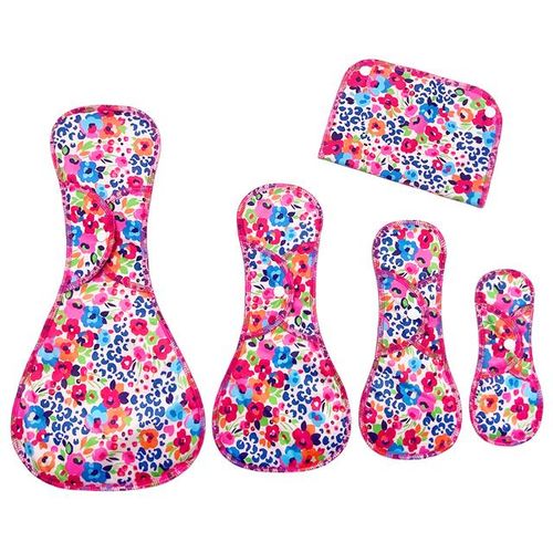 Goodbum Colored Feathers Print 4PCS Bamboo Charcoal Sanitary Pad With A Wet Bag Soft Skin-Friendly Washable Sanitary Napkin