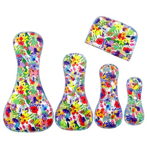 Goodbum Colored Feathers Print 4PCS Bamboo Charcoal Sanitary Pad With A Wet Bag Soft Skin-Friendly Washable Sanitary Napkin