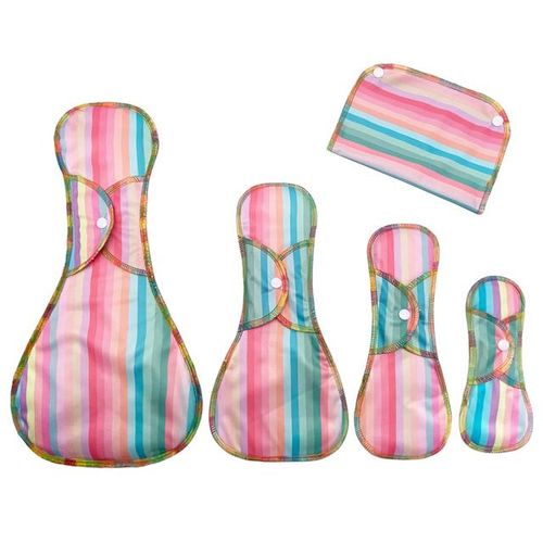 Goodbum Colored Feathers Print 4PCS Bamboo Charcoal Sanitary Pad With A Wet Bag Soft Skin-Friendly Washable Sanitary Napkin
