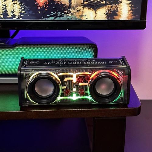 Transparent Mecha Bluetooth Speaker Dual-Speaker Subwoofer Lock and Load Spray Desktop Outdoor Sound Box Colorful Light