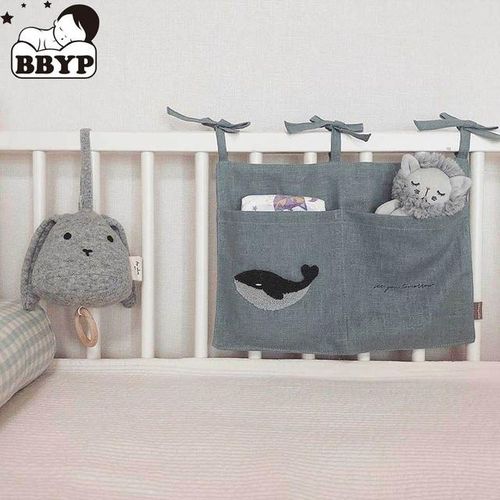 Bedside Storage Bag Embroidery linen Baby Crib Organizer Hanging Bag for Baby Essentials Newborn Bed Hanging Diaper Toy