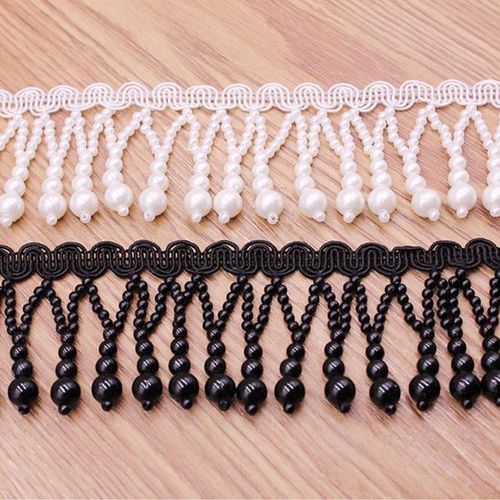 1yards Black White Silk Tassel Fringe Trim Pearl Tassle Beaded Lace Ribbon Lace Trim Fabric Sewing Curtain Pearl Pendant Tassels
