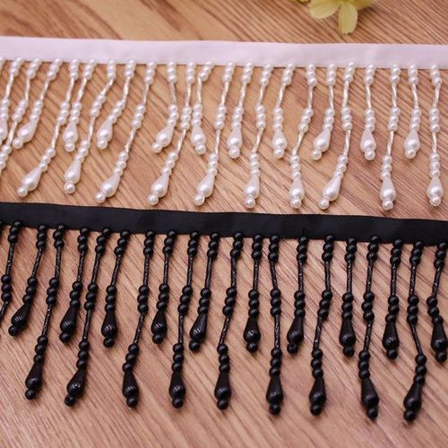1yards Black White Silk Tassel Fringe Trim Pearl Tassle Beaded Lace Ribbon Lace Trim Fabric Sewing Curtain Pearl Pendant Tassels