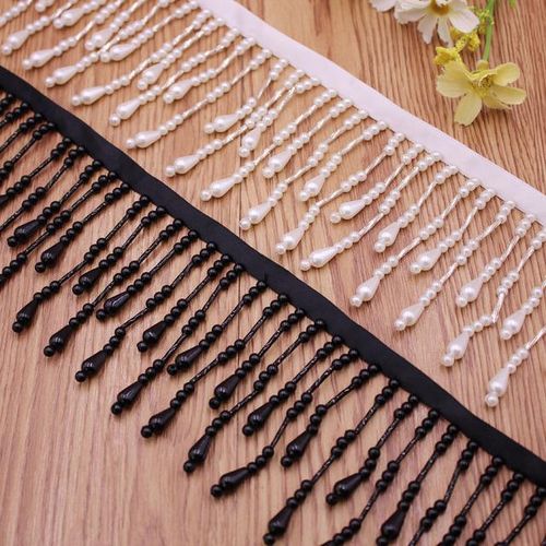 1yards Black White Silk Tassel Fringe Trim Pearl Tassle Beaded Lace Ribbon Lace Trim Fabric Sewing Curtain Pearl Pendant Tassels