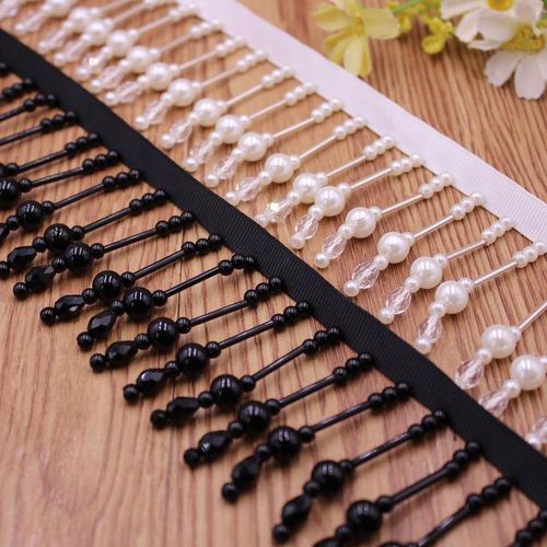 1yards Black White Silk Tassel Fringe Trim Pearl Tassle Beaded Lace Ribbon Lace Trim Fabric Sewing Curtain Pearl Pendant Tassels