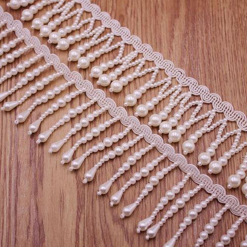 1yards Black White Silk Tassel Fringe Trim Pearl Tassle Beaded Lace Ribbon Lace Trim Fabric Sewing Curtain Pearl Pendant Tassels