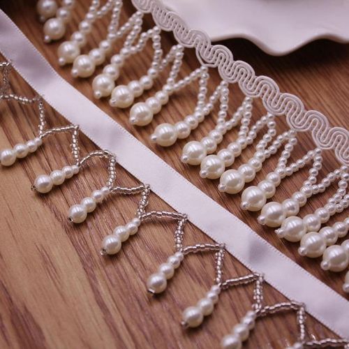 1yards Black White Silk Tassel Fringe Trim Pearl Tassle Beaded Lace Ribbon Lace Trim Fabric Sewing Curtain Pearl Pendant Tassels