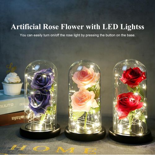 Artificial Rose in Glass Dome with Gift Box with LED Lights Forever Artificial Forever Rose Flower Gift Present for Women Mother's Day Valentine Romantic Wedding Home Party Festivals Anniversary NO5111