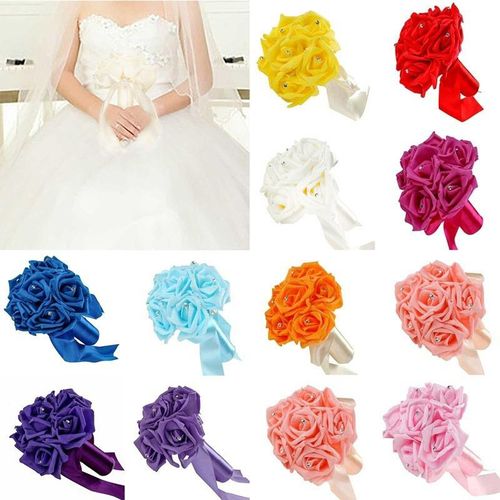 Bridesmaid Fashion Accessory Six heads Foam Roses Silk Ribbon Bouquet Handmade Rhinestone Diamante Bridal Bridesmaid Brooch Wedding Decor NO5248
