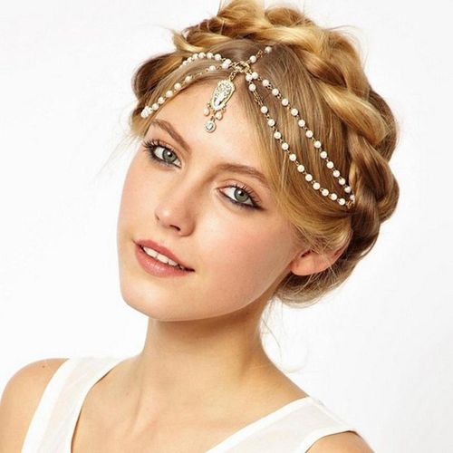 1pcs Hair Decoration Indian Boho Gold Color Chain Pearl Crystal Dress Headpiece For Women Hair Jewelry