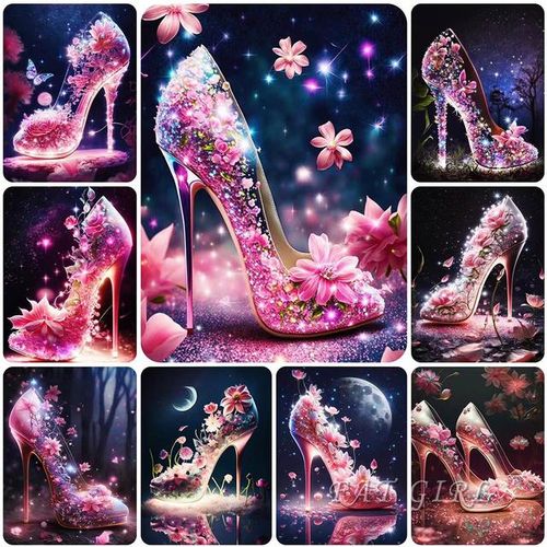 Pink Princess Shoes Diamond Painting New 2023 Diy Mosaic Diamond Embroidery Fantasy High-Heeled Shoes Landscape Home Decor A41