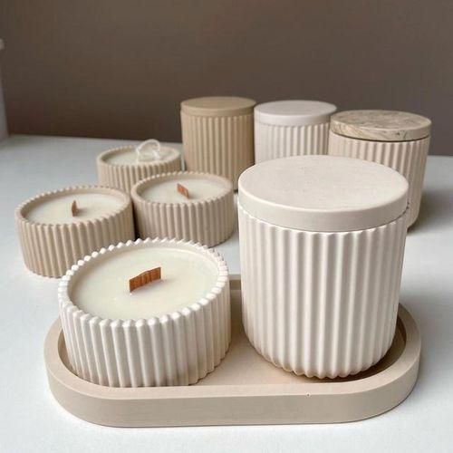 Concrete Stripe Candle Jar Silicone Mold Diy With Lid Craft Ornament Making Resin Storage Box Molds Vase Mould