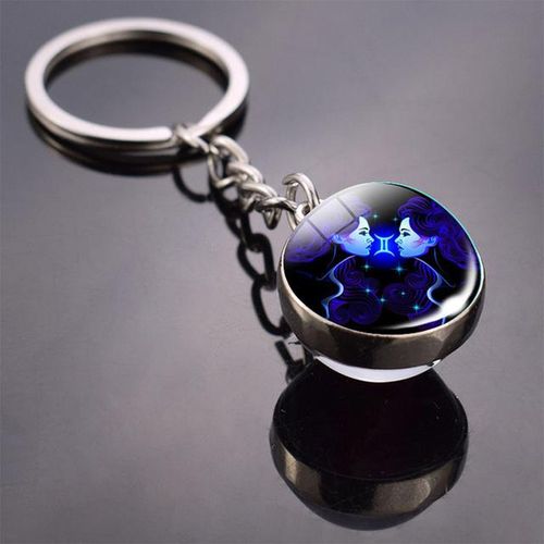Glow Dark 12 Constellation Keychains Luminous Glass Double Side Pendant Key Chains Birthday Gift Zodiac Sign Keyring-gemini_GRAY