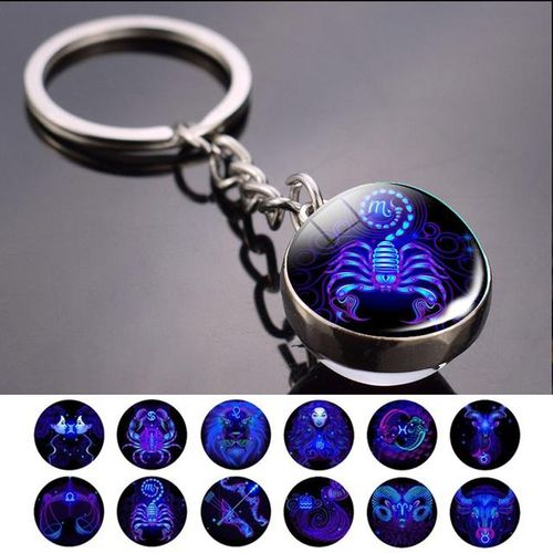 Glow Dark 12 Constellation Keychains Luminous Glass Double Side Pendant Key Chains Birthday Gift Zodiac Sign Keyring-gemini_GRAY
