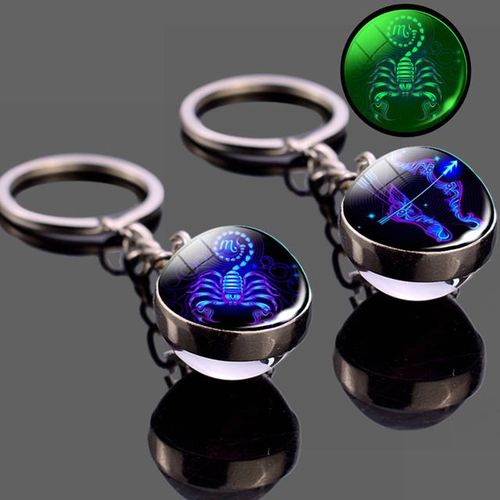 Glow Dark 12 Constellation Keychains Luminous Glass Double Side Pendant Key Chains Birthday Gift Zodiac Sign Keyring-gemini_GRAY