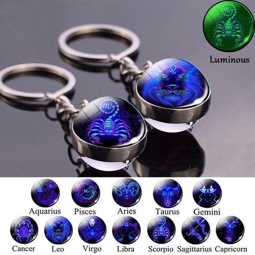Glow Dark 12 Constellation Keychains Luminous Glass Double Side Pendant Key Chains Birthday Gift Zodiac Sign Keyring-gemini_GRAY